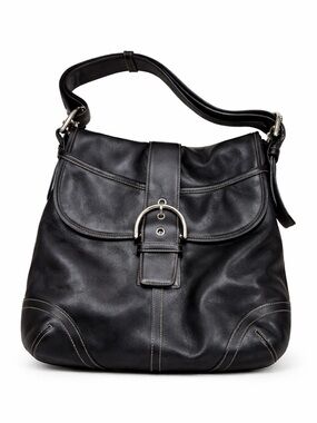 Coach SOHO Black Leather Shoulder Bag with Silver Buckles - 9481